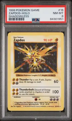 1999 POKEMON BASE SET SHADOWLESS #16 ZAPDOS-HOLO PSA 8 - Image 1