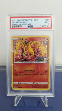 PSA 9 Staff Stamp Prerelease Swsh185 Promo Moltres Holo Brilliant Stars - Image 1