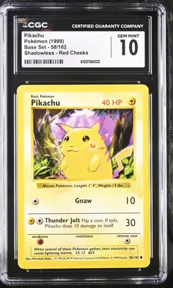 CGC 10 GEM MINT Pikachu 58/102 Shadowless Red Cheeks Base Set Pokemon Card - Image 1