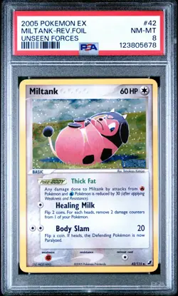 2005 POKEMON EX UNSEEN FORCES #42 MILTANK-REVERSE FOIL PSA 8 - Image 1
