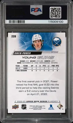 2022-23 Upper Deck #228 - Owen Power YOUNG GUNS PSA 10 - Buffalo Sabres - Image 2
