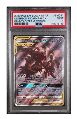 2020 POKEMON SM BLACK STAR PROMO TAG TEAM POWERS COLL UMBREON & DARKRAI GX PSA 9 - Image 1