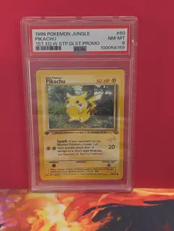 1999 POKEMON JUNGLE 1ST ED W STAMP DUELIST PROMO #60 PIKACHU PSA 8 - Image 1