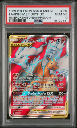 Carte Pokemon Reshiram et Dracaufeu GX 194/214 PSA 10 Alliance Infaillible - Image 1