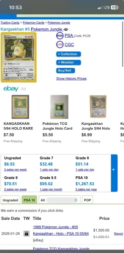 Kangaskhan 5/64 GRADED 10 NEAR MINT PGC old pokemon card holo rare 1999 - Image 4