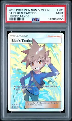 2019 POKEMON SUN & MOON UNIFIED MINDS #231 FULL ART/BLUE'S TACTICS PSA 9 - Image 1