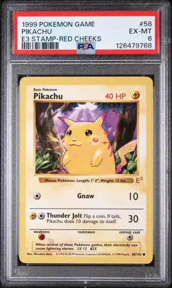 1999 POKEMON BASE SET UNLIMITED E3 STAMP-RED CHEEKS #58 PIKACHU PSA 6 - Image 1