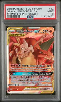 Carte Pokemon Dracaufeu et Roussil GX 22/236 PSA 9 Eclipse Cosmique NEUVE FR - Image 1