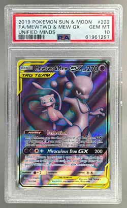 Mewtwo & Mew GX 2019 Pokemon Sun & Moon Unified Minds #222 Full Art PSA 10 - Image 1