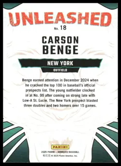 Carson Benge 2025 Donruss #18 Unleashed New York Mets - Image 2