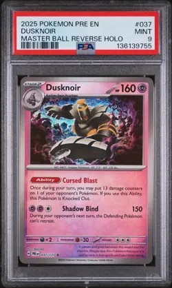 2025 POKEMON PRE EN-PRISMATIC EVOLUTIONS MASTER BALL REVERSE HOLO DUSKNOIR PSA 9 - Image 1