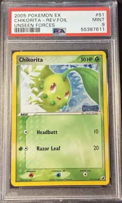 2005 Pokemon EX Unseen Forces 51 Chikorita Reverse PSA 9 Mint - Image 1