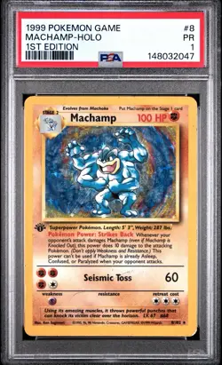 PSA 1 Machamp 1st Edition Base Set Holo Foil Rare #8 1999 Pokemon WoTC PR - Image 1