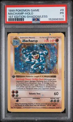 Pokemon TCG Base Set Machamp 1st Edition Shadowless Holo PSA 1 #8/102 - Image 1