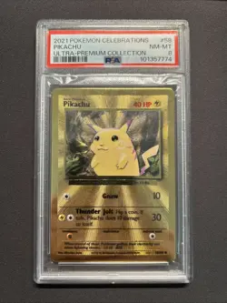 Pokemon 25th Anniversary Celebrations Gold Metal Pikachu Card 58/102 PSA 8 - Image 1