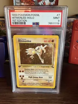 1999 POKEMON FOSSIL 1ST ED #7 HITMONLEE-HOLO PSA 9 - Image 1