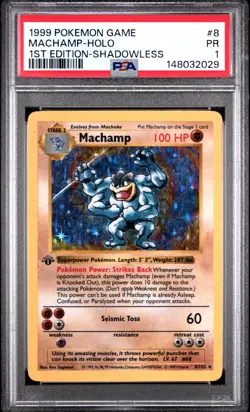 1999 POKEMON BASE SET 1ST EDITION-SHADOWLESS #8 MACHAMP-HOLO PSA 1 - Image 1