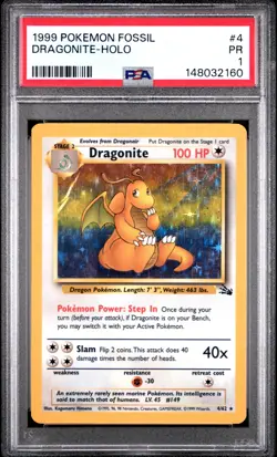 1999 POKEMON FOSSIL #4 DRAGONITE-HOLO PSA 1 - Image 1