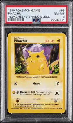 1999 POKEMON BASE SET YELLOW CHEEKS-SHADOWLESS #58 PIKACHU PSA 8 - Image 1