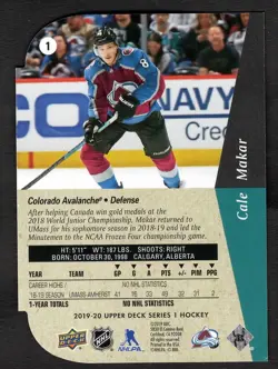 2019-20 Cale Makar Upper Deck Series 1 Retro Die Cut Rookie RC Avalanche #1 - Image 2