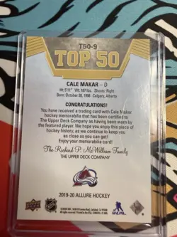 2019 UPPER DECK ALLURE #T50-9 CALE MAKAR TOP 50 JERSEY PATCH Colorado Avalanche - Image 2