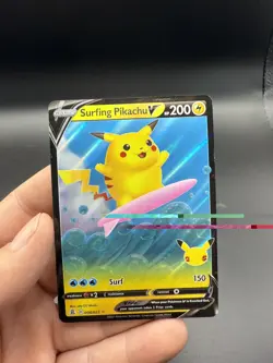 2021 POKEMON SURFING PIKACHU V 008/025 HOLO CARD - Image 1