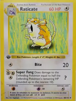 Raticate 40/102 1st Edition Base Set WOTC 1999 Pokemon MP - Image 1