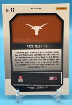 2025 Panini Prizm Draft Picks - New Recruits Arch Manning #22 Gold Ice Prizm - Image 2
