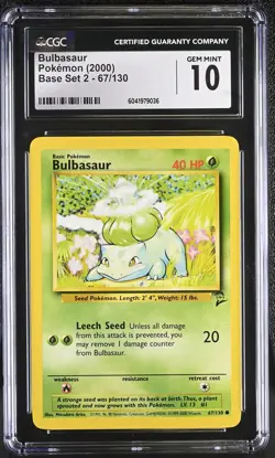CGC 10 GEM MINT Bulbasaur 2000 Base Set 2 67/130 Pokemon Card - Image 1