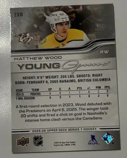 Upper Deck 2025-26 Series 1 Young Guns Rookie Matthew Wood #228 Predators - Image 2