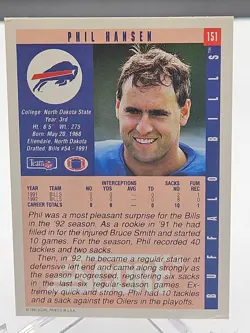 Phil Hansen "90" #151 1993 Score Buffalo Bills Signed Autographed Card - Image 2