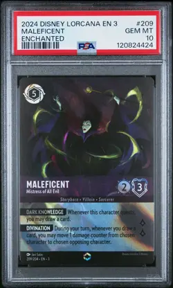 Disney Lorcana Maleficent Mistress of All Evil Enchanted Card #209 EN3 PSA 10 - Image 1