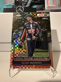 2025 Topps Chrome F1 #186 Oliver Bearman RC On the Move Gold Checker Flag /50 - Image 1