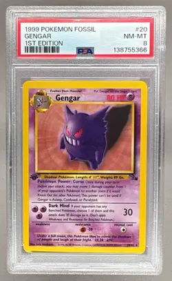 1999 Pokemon Fossil 1st Edition 20 Gengar PSA 8 - Image 1