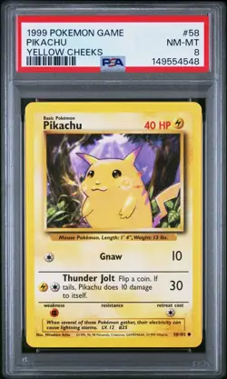 1999 Pokemon Base Set Unlimited Yellow Cheeks, #58 Pikachu, PSA 8 - Image 1