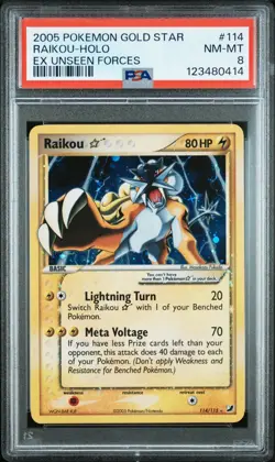 2005 POKEMON EX UNSEEN FORCES GOLD STAR #114 RAIKOU-HOLO PSA 8 CERT#123480414 - Image 1