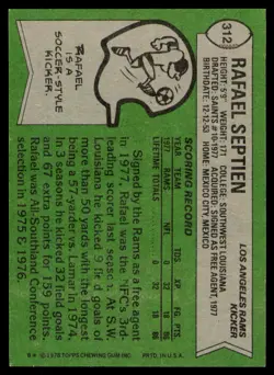 1978 Topps #312 Rafael Septien Rookie Los Angeles Rams RC Card - Image 2