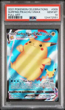 2021 POKEMON CELEBRATIONS #009 FULL ART/SURFING PIKACHU VMAX PSA 10 - Image 1
