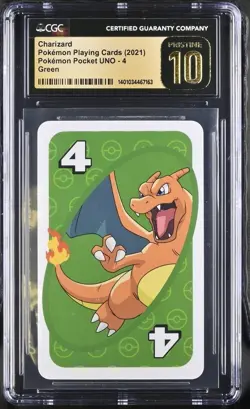 PRISTINE CGC 10 CHARIZARD POKEMON POCKET UNO GREEN PLAYING CARDS 2021 - Image 1