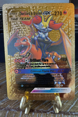Pokemon Charizard & Braixen GX TAG TEAM Gold Metal Card 270 HP Fire - Image 1
