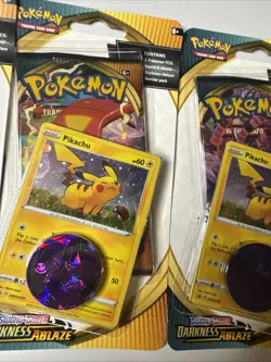 ( 3 Pack) Pokemon Darkness Ablaze Blister Pack Pikachu TCG With Mewtwo Coin - Image 2