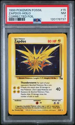 1999 POKEMON FOSSIL CORRECTED FOIL #15 ZAPDOS-HOLO PSA 7 - Image 1