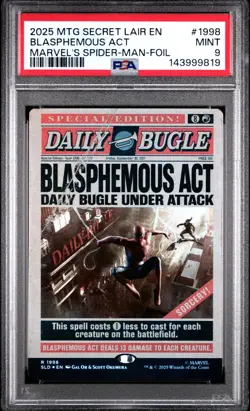 PSA 9 2025 MTG SECRET LAIR DROP 1998 BLASPHEMOUS ACT MARVEL'S SPIDER-MAN FOIL - Image 1