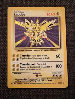 1999 Pokemon Base Set Zapdos 16/102 Holo Rare Unlimited WOTC - Image 1