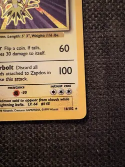 1999 Pokemon Base Set Zapdos 16/102 Holo Rare Unlimited WOTC - Image 4