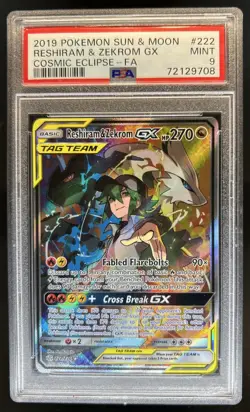 2019 Pokemon SM Cosmic Eclipse Reshiram Zekrom Tag Team #222/236 PSA 9 - Image 1