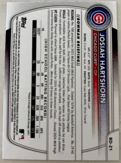 Josiah Hartshorn 2025 Bowman Draft Blue /499 1st - Image 2