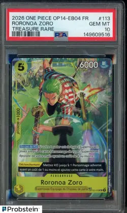 2026 One Piece OP14-EB04 French Treasure Rare #113 Roronoa Zoro PSA 10 GEM MINT - Image 1