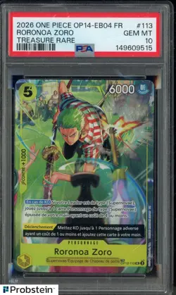 2026 One Piece OP14-EB04 French Treasure Rare #113 Roronoa Zoro PSA 10 GEM MINT - Image 1