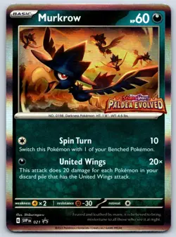 Murkrow (Prerelease) Paldea Evolved SVP 021 Stamped Promo Pokemon Card NM - Image 1